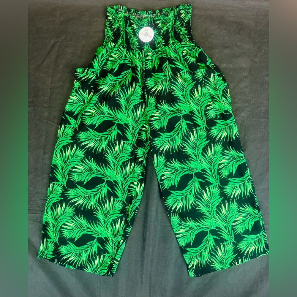 Island Planet Wide Leg Tropical Green Leaf Print Pants